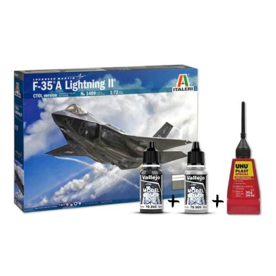 Productvisuals_Bundels Italeri F-35 A Lightning II + Vallejo Model Color 70868 (Dark Sea Green) + 70989 (Sky Grey) + UHU Plast Special